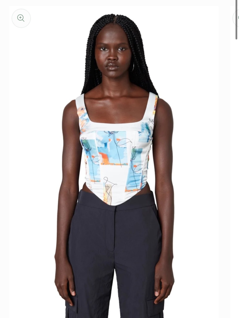 Abstract Art White Corset Top with Blue Accents